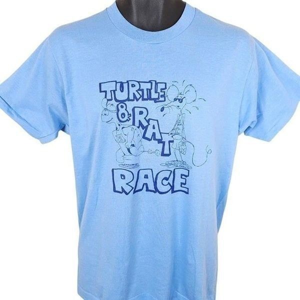 Vintage Turtle Rat Race T Shirt Mens Size Medium Blue 80s Cartoon Made In USA
