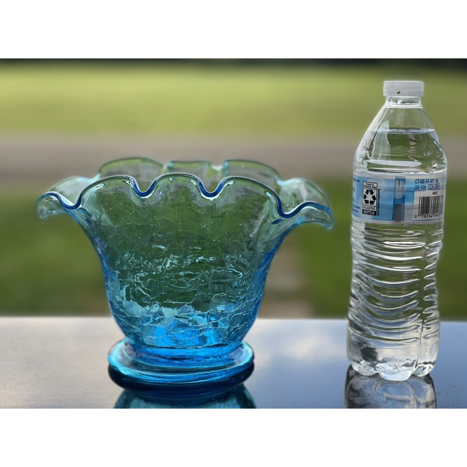 Vintage Bischoff Crackle Ruffled Blown Glass Bowl Vase Blue MCM 5.5 X 8.5