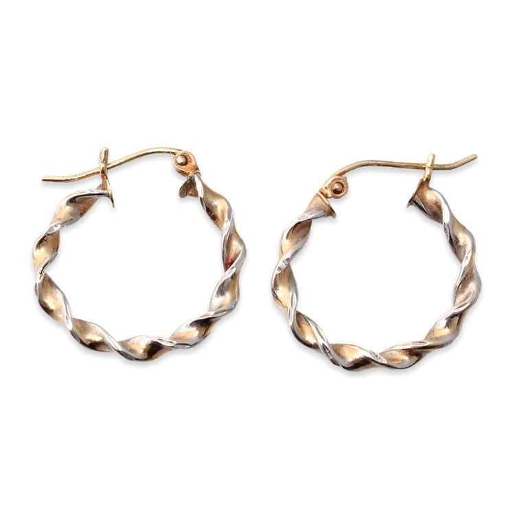 Vintage 14K Gold Twisted Hoop Earrings Two Tone Twist Hoops Rhodium Plated 0.75”