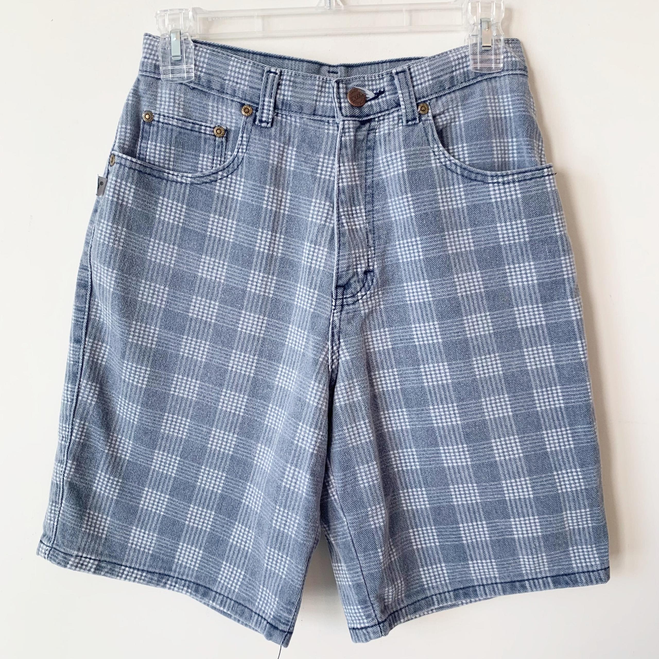 Vintage Sasson Jean Shorts Size 9 High Rise Plaid Blue Denim Check USA Made Mom