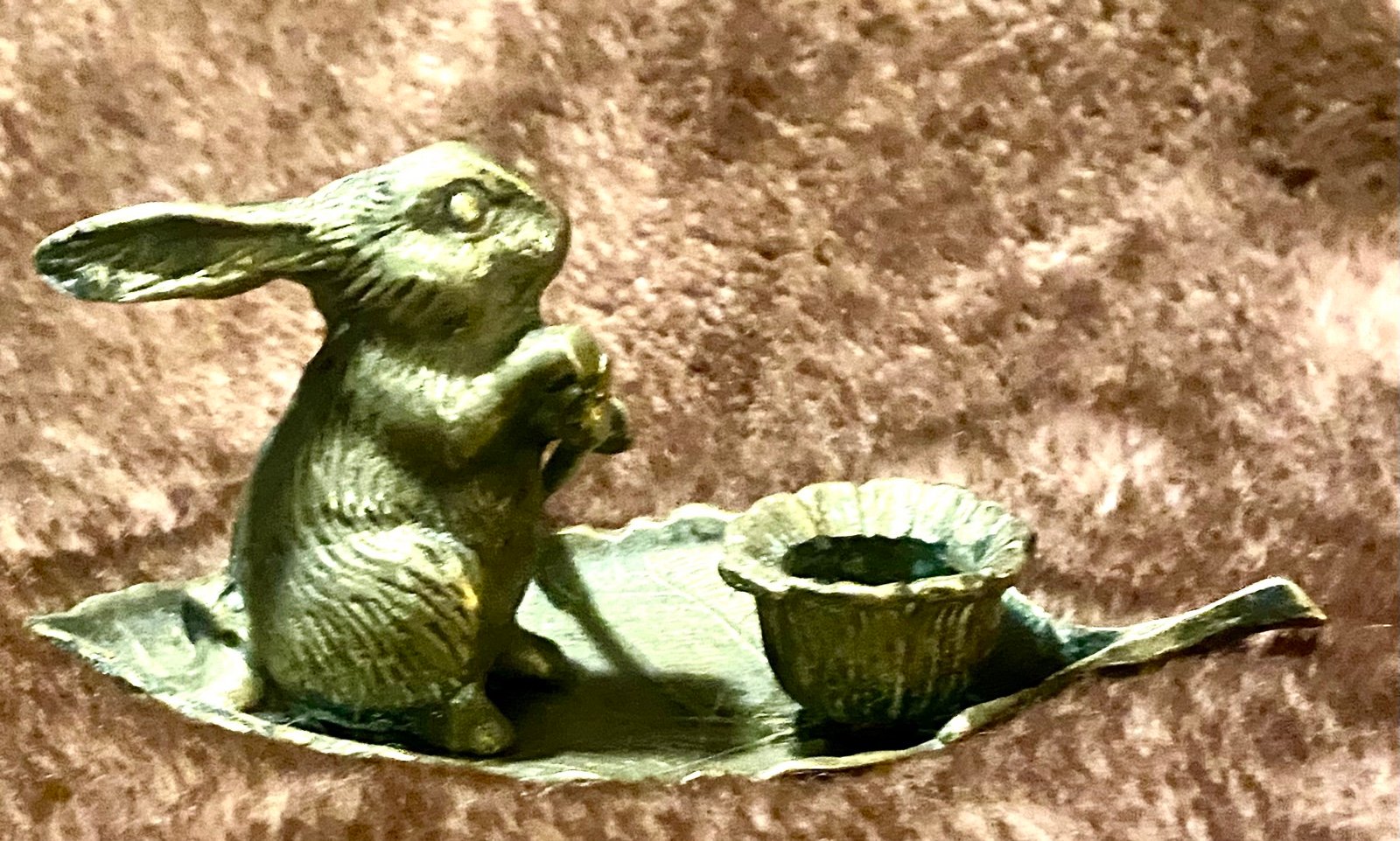 Vintage Bronze Rabbit Candlestick – Leaf Boat Fantasy, 1970s Storybook Charm
