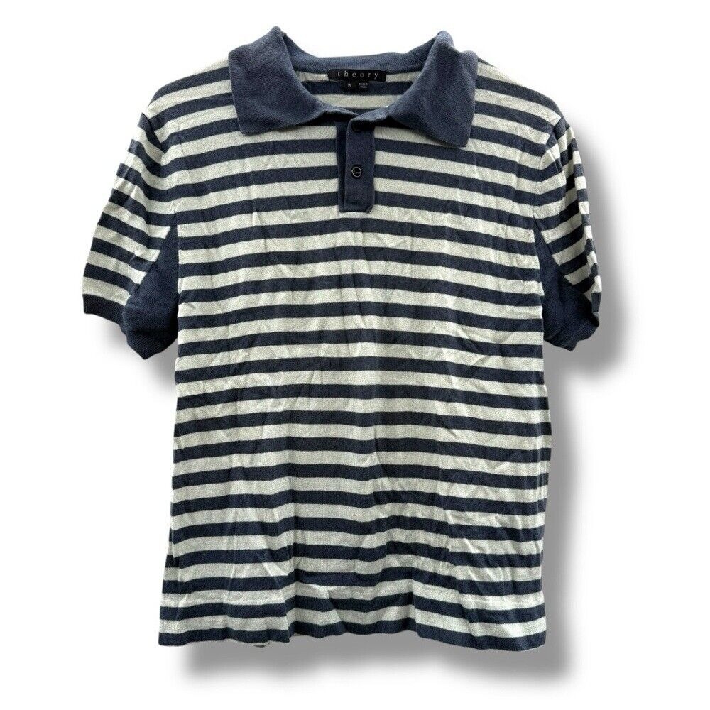Theory Cashmere Silk Blend Mint & Navy Blue striped Polo Shirt Sz M Men's