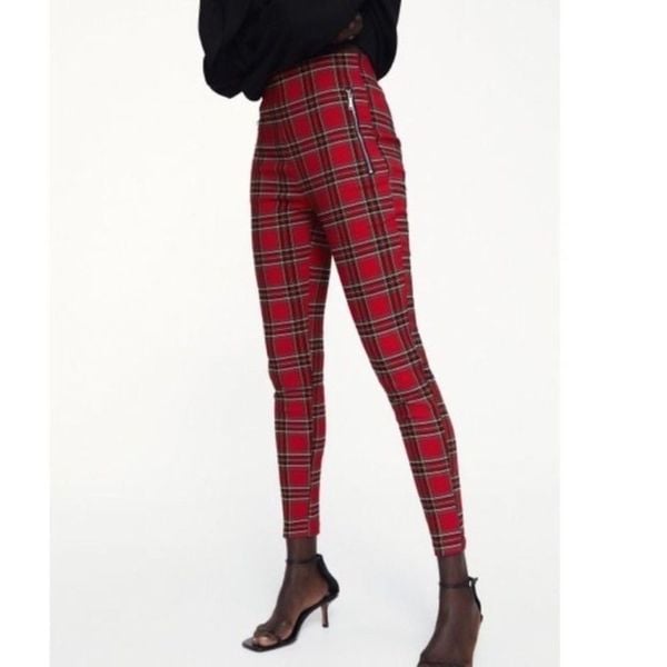 Zara red plaid zipper front pull on skinny pants xs