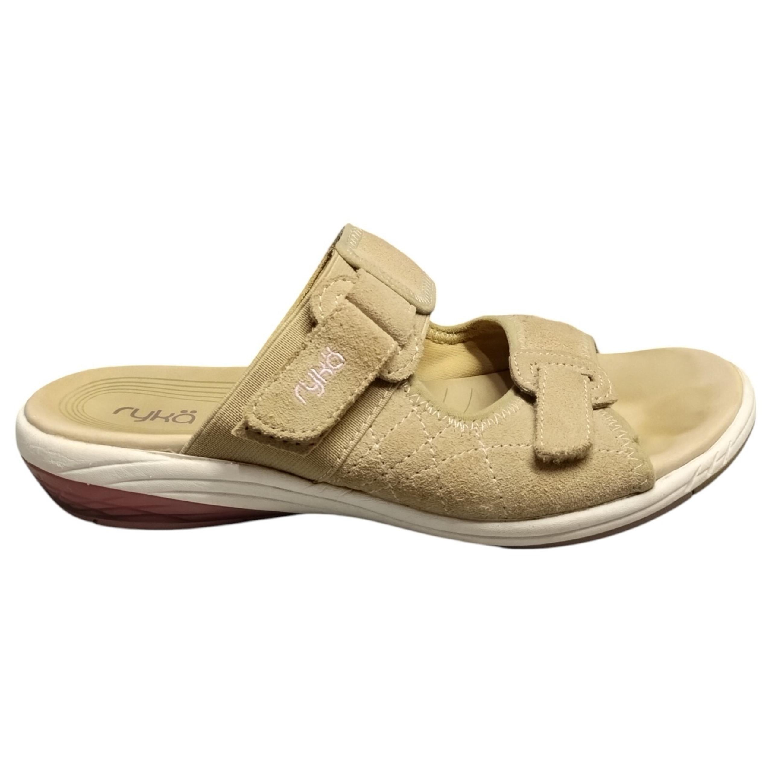 Ryka Slide Sandals Womens 9.5 Brown/White/Pink Leather Upper Slip On Open Toe