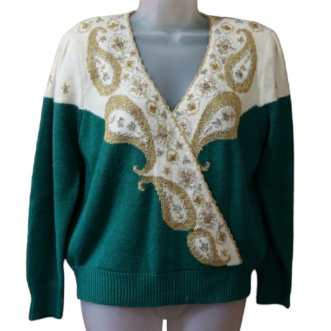 Vintage Jaclyn Smith Green & White Deep Vneck Beaded Paisley Embroidered Sweater