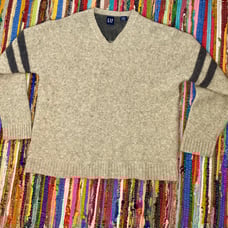 Mens XL Lambswool GAP Vintage Striped Arms Sweater Gray.