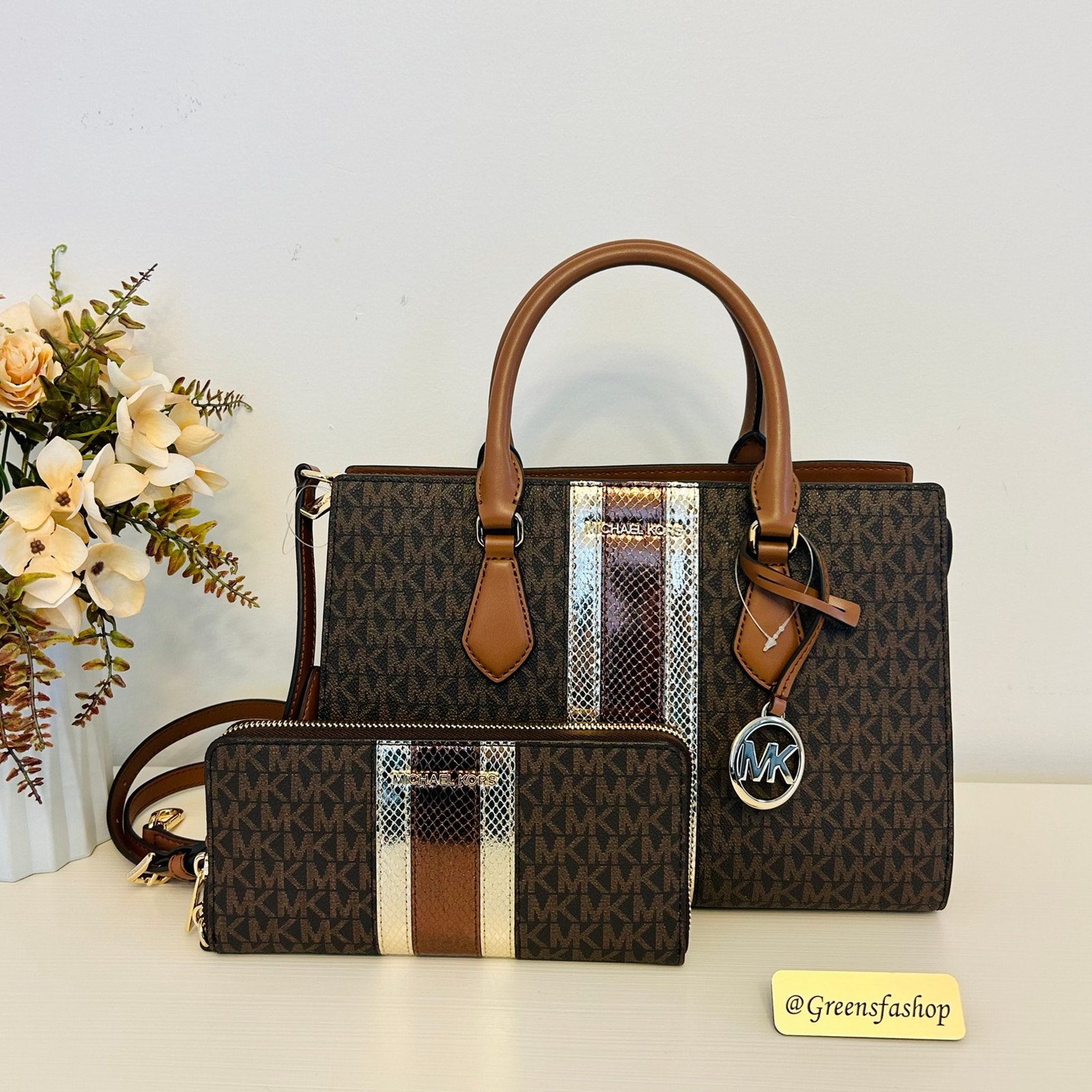Michael Kors Purse & Wallet Sheila Medium Signature Logo and Metallic Satchel