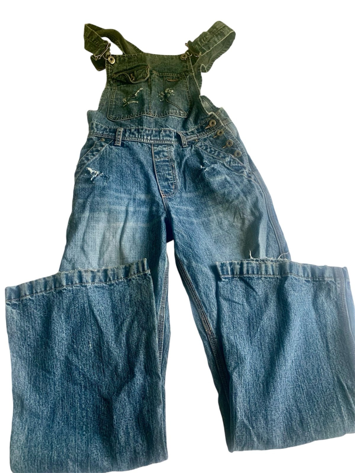 Vintage Y2K Silver Jeans Denim Flare Leg Distressed Bib Overalls Size 9/31