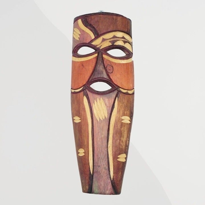 African Tribal Wood Mask Hand Carved with key Chain ~ 9 x3.5