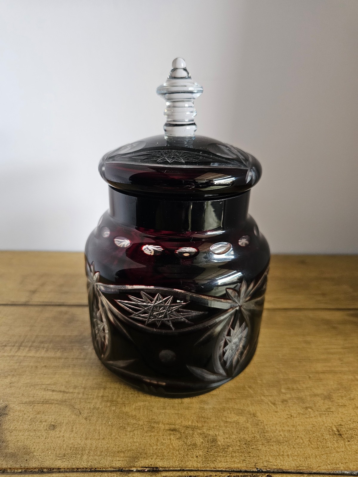 Bohemian Ruby Red Cut to Clear Glass Jar