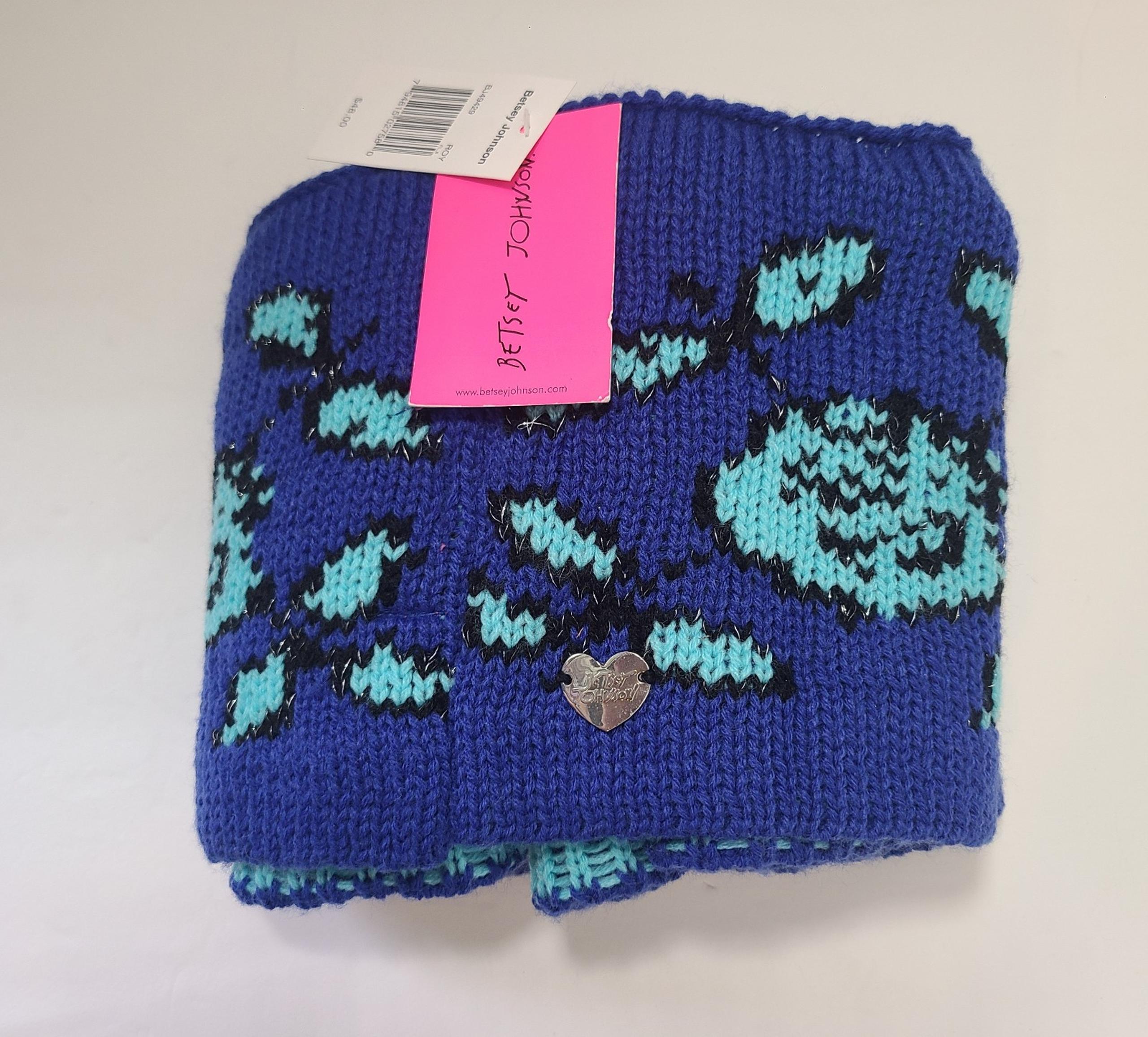 Betsey Johnson "Vintage Rose" Pattern Royal Blue & Aqua Knit Infinity Scarf NEW