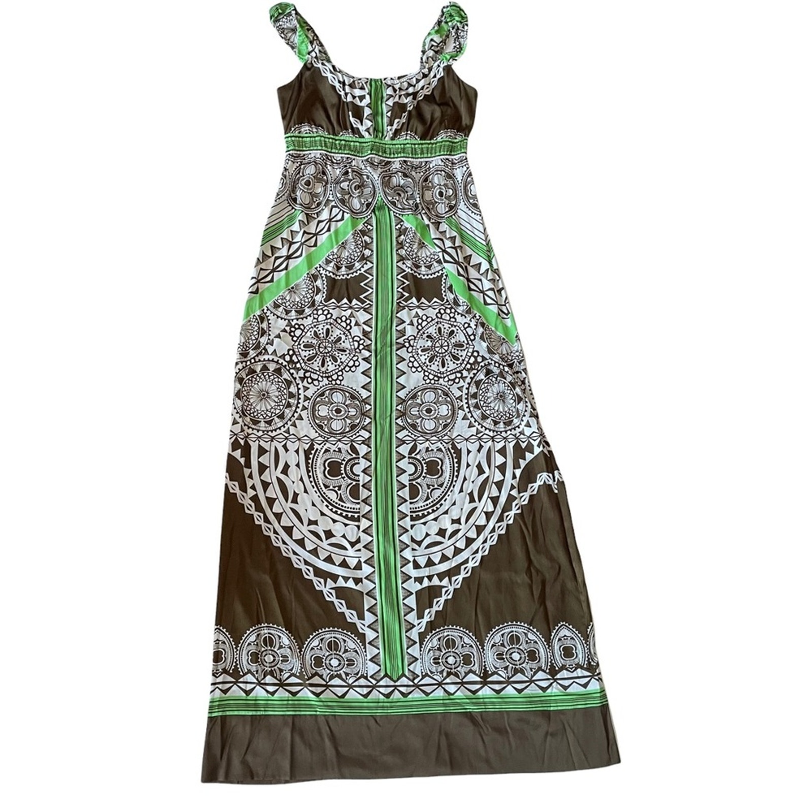 Hale Bob Silk Maxi Dress Tribal Aztec Bohemian Brown Green S