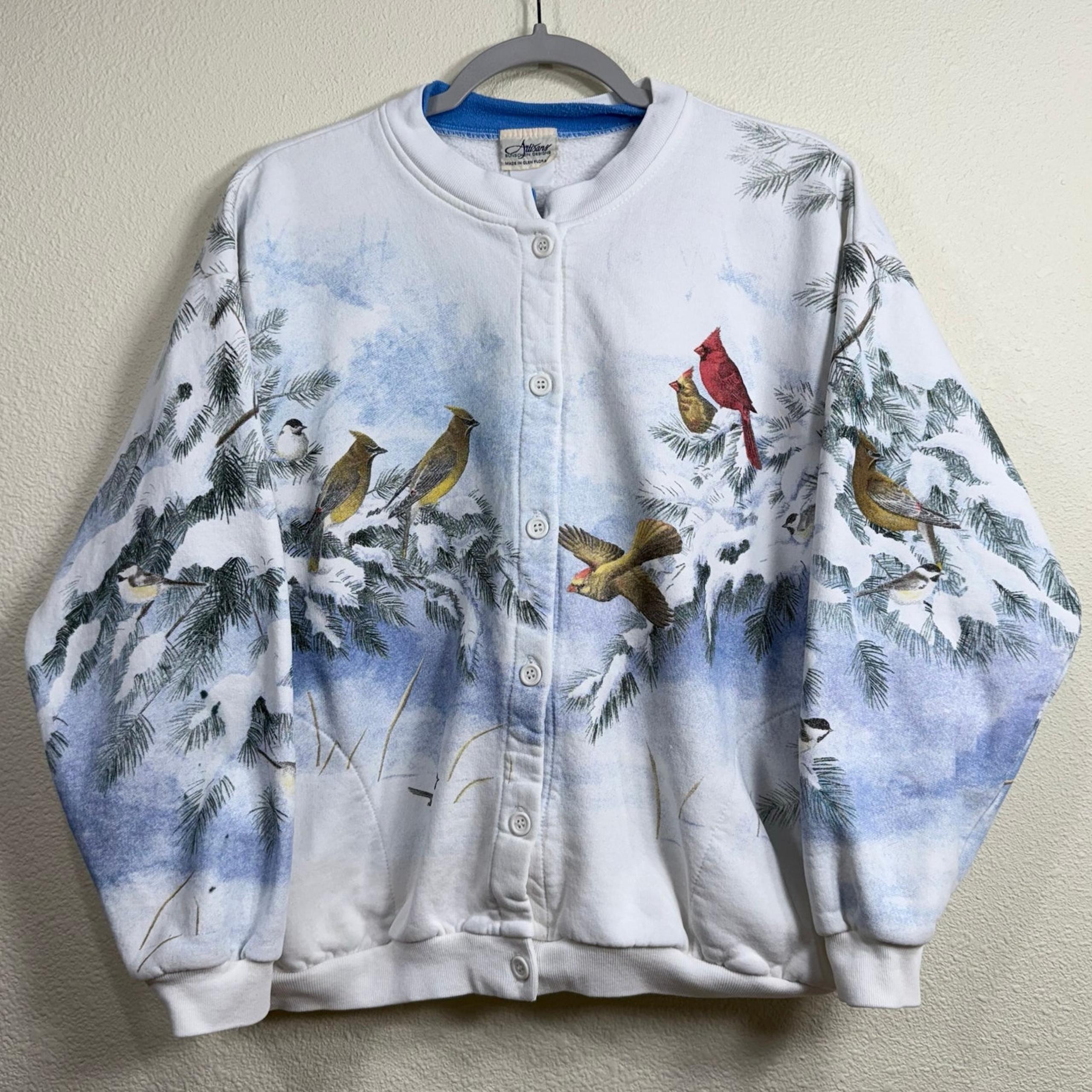 Vintage 90s Cardinal Bird Winter All Over Print Button Up Sweatshirt Jacket M