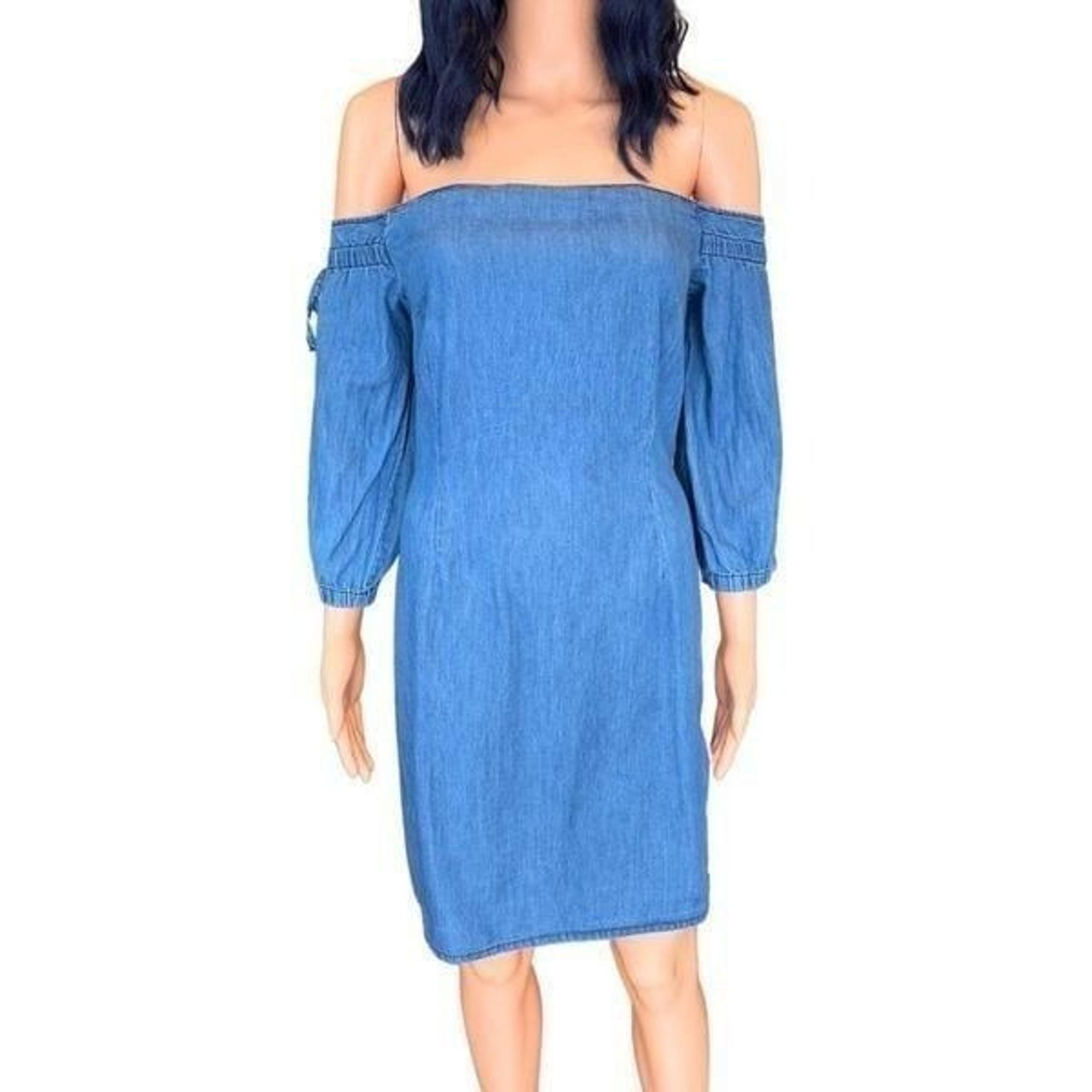 Warehouse Bardot Denim Bandeau Off the Shoulder Knee Length Dress Size US 8