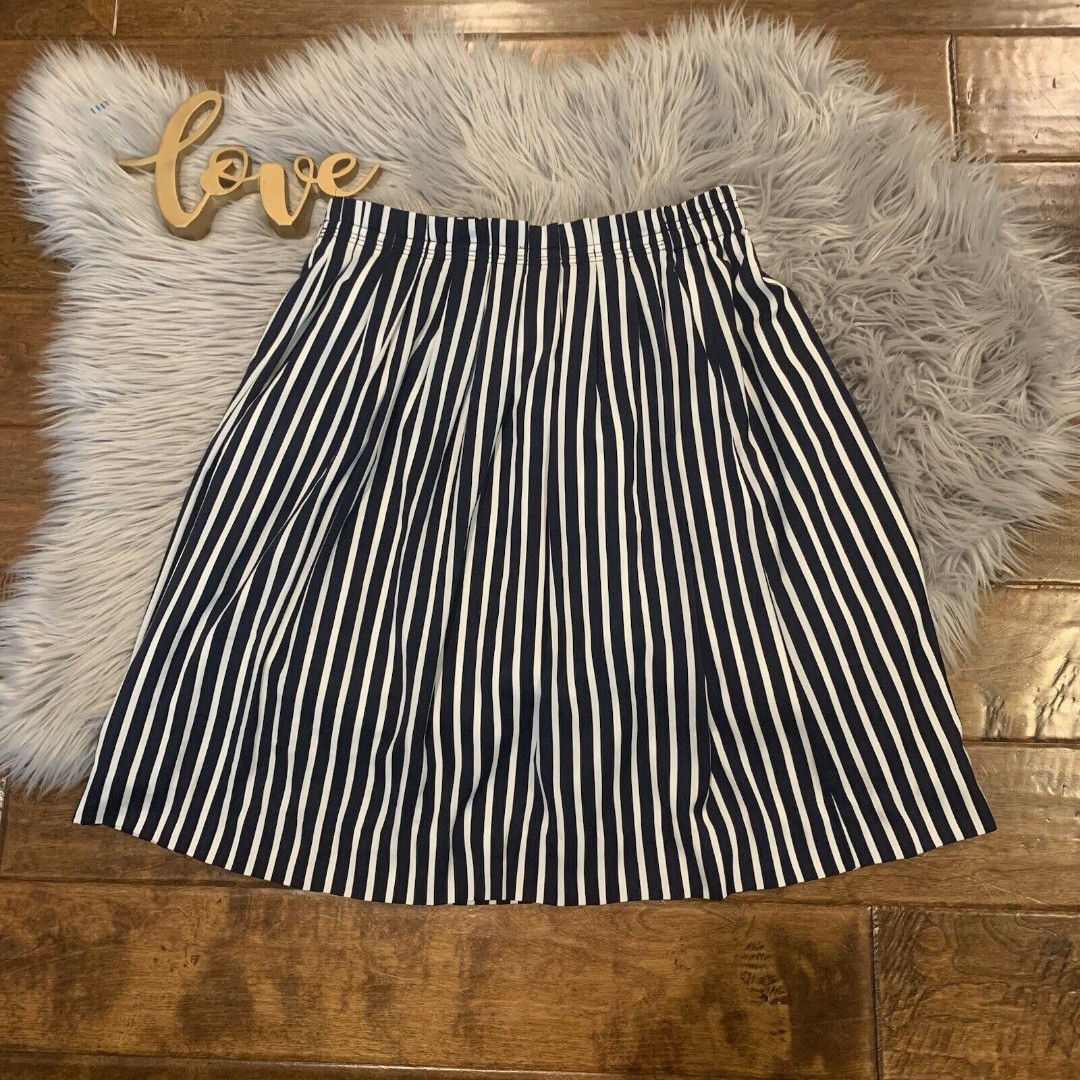 J Crew Striped Pleated Midi Length Skirt Womens Size 8 Navy White Lined Pockets