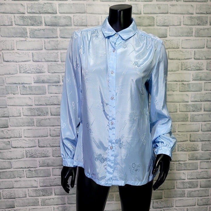 Vintage 70s Marianne Fashion Blue Silky Polyester Button Front L/S Blouse