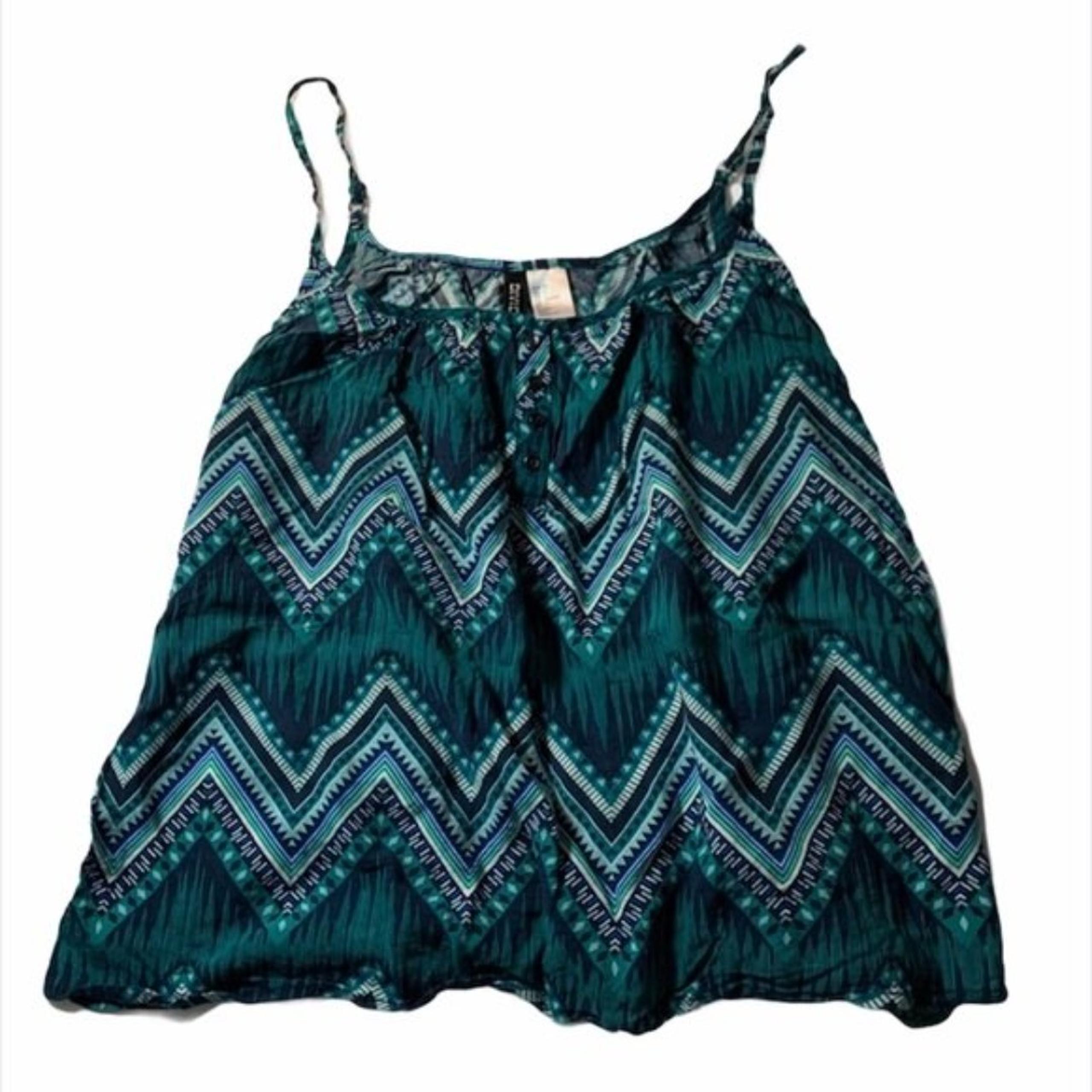 H&M Womens Spaghetti Strap Blue and Green Geometrical 100% Rayon Cami Top Siz 6