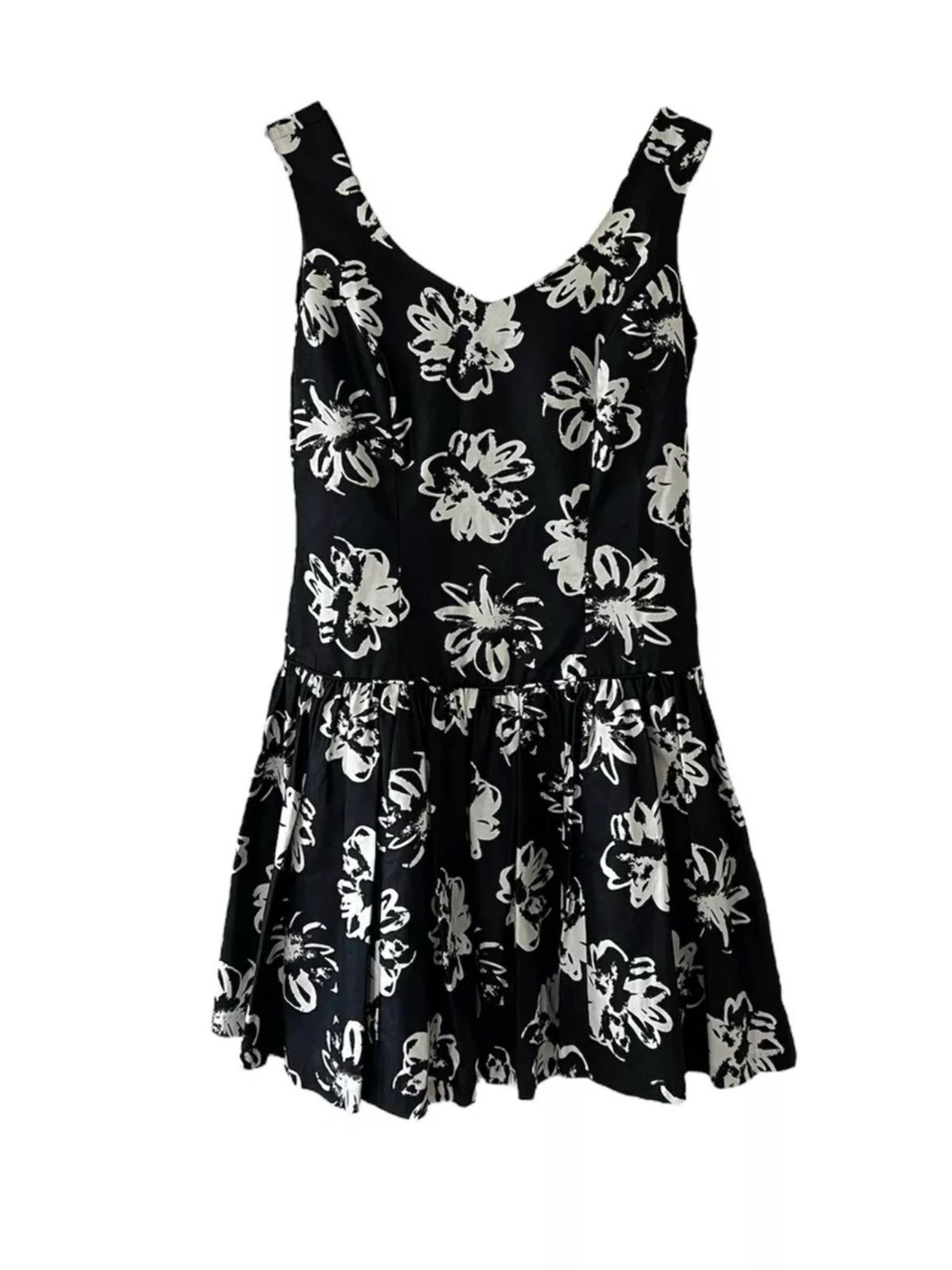 Vintage Laura Ashley Black And White Floral Dress Drop Waist Pleated Size 12 US