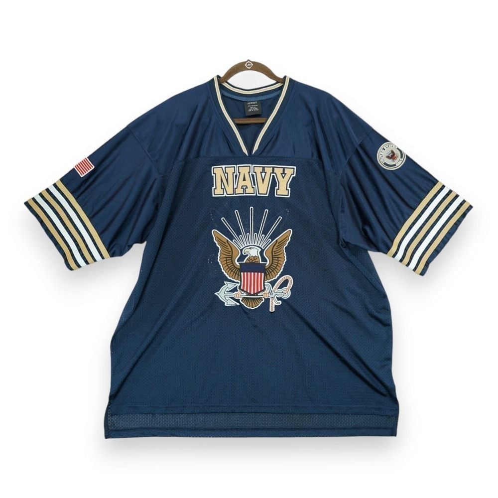 JERSEY Blue Navy Military Men's Football Patched Logos and USA Flag Size XXL