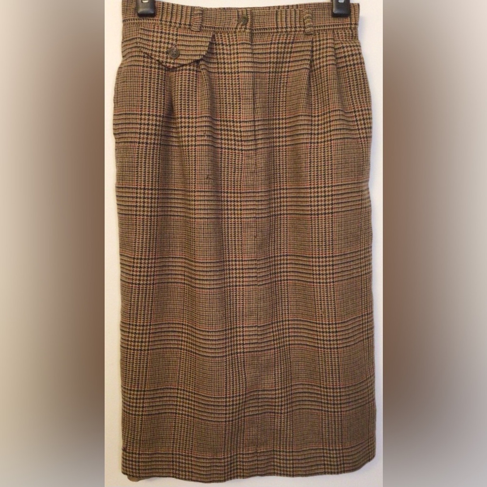 Talbots petites wool / lambswool tan plaid lined midi skirt size 8