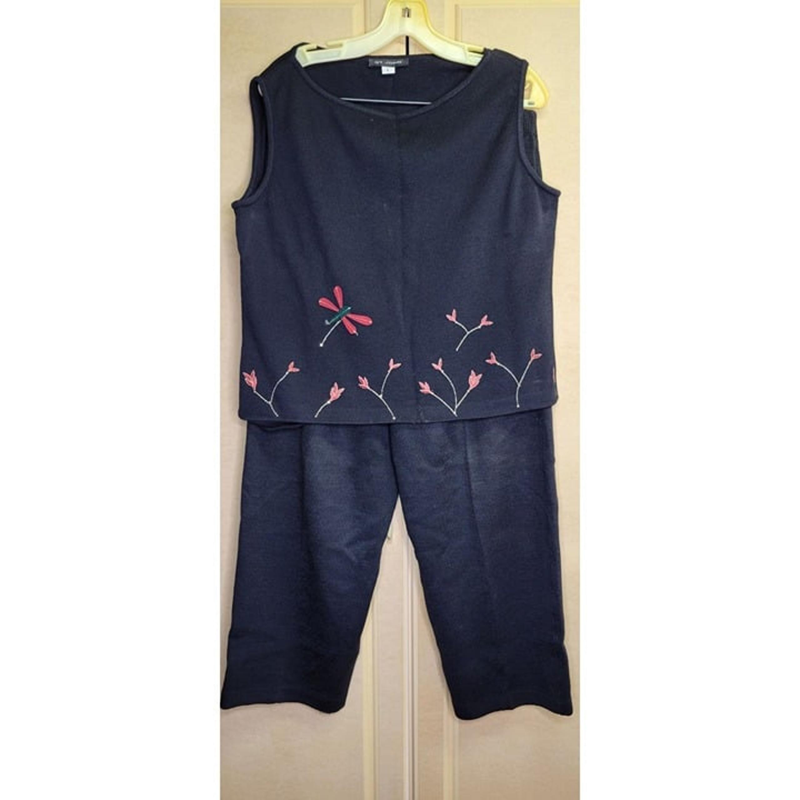 St John Women 2-Piece Knit Set Sz L Black Sleeveless Top & Elastic Waist Pants