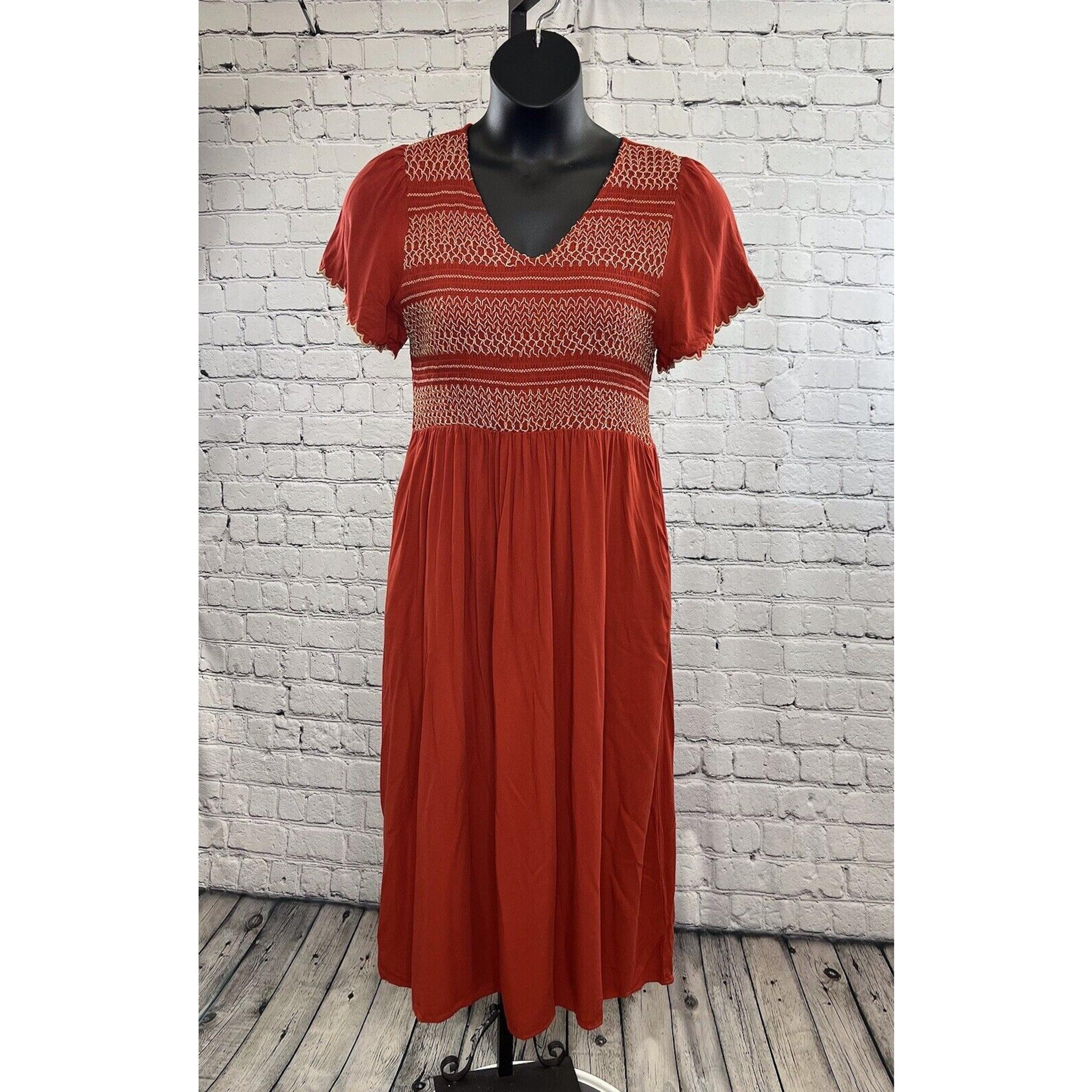 BALTIC BORN Leeds Smocked Top Maxi Dress Women’s Size 1X Pockets Rusty Red Fall