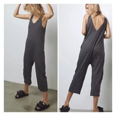 Lunya Restore Grey Supima Cotton V-Neck Loungewear Cropped Wide Leg Jumpsuit S
