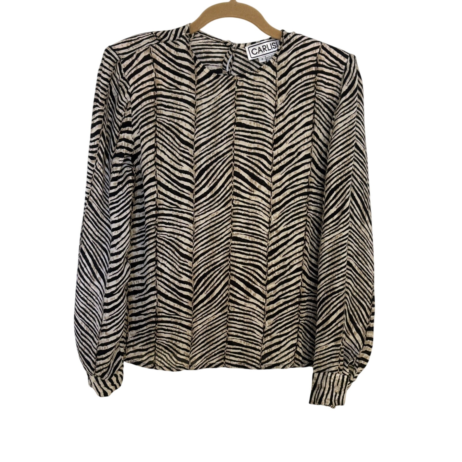 Vtg 90s Carlisle 100% Silk Zebra Striped Blouse Size 6 Animal Print Mob Wife
