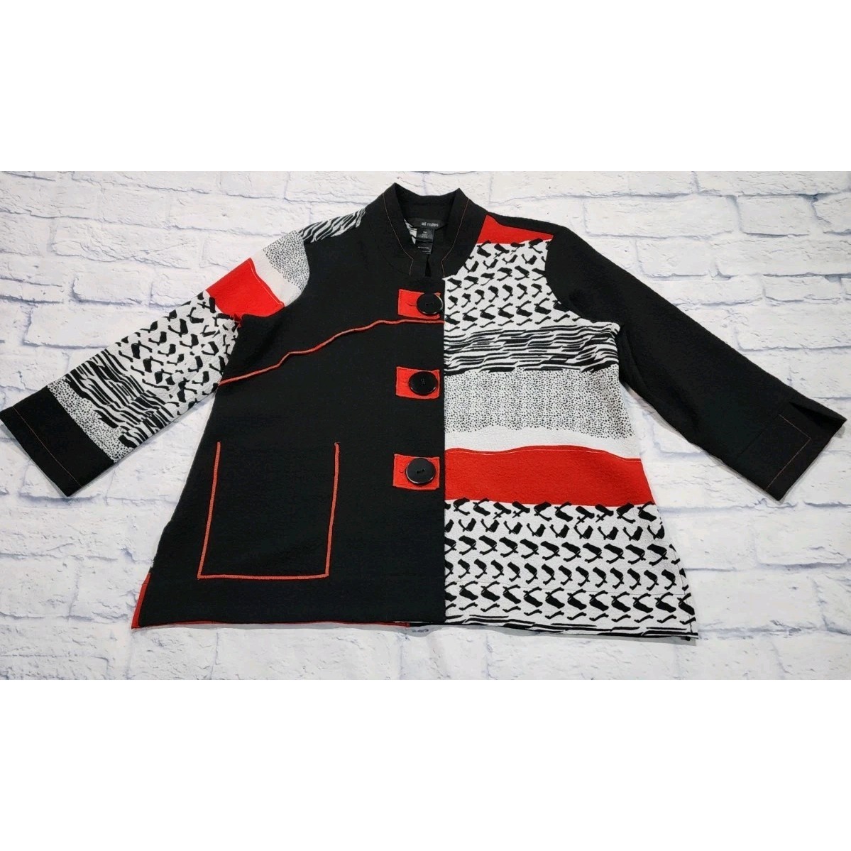 ALI MILES WOMENS SIZE PM Art Wear Black White Red Lagenlook 3/4 Sleeve Shirt Top