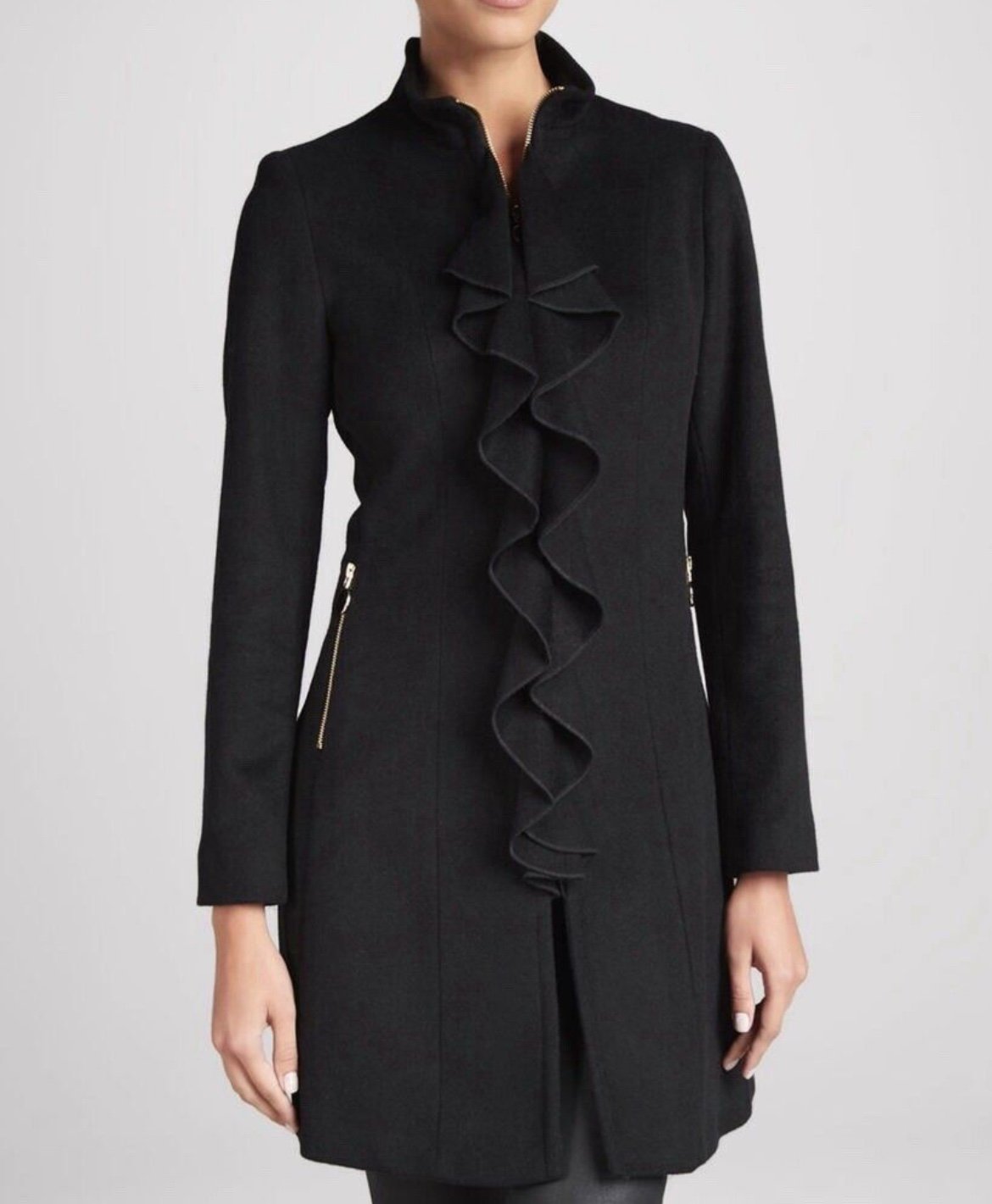 Tahari Wool Blend Black Full Length Front Zipper Ruffled Coat