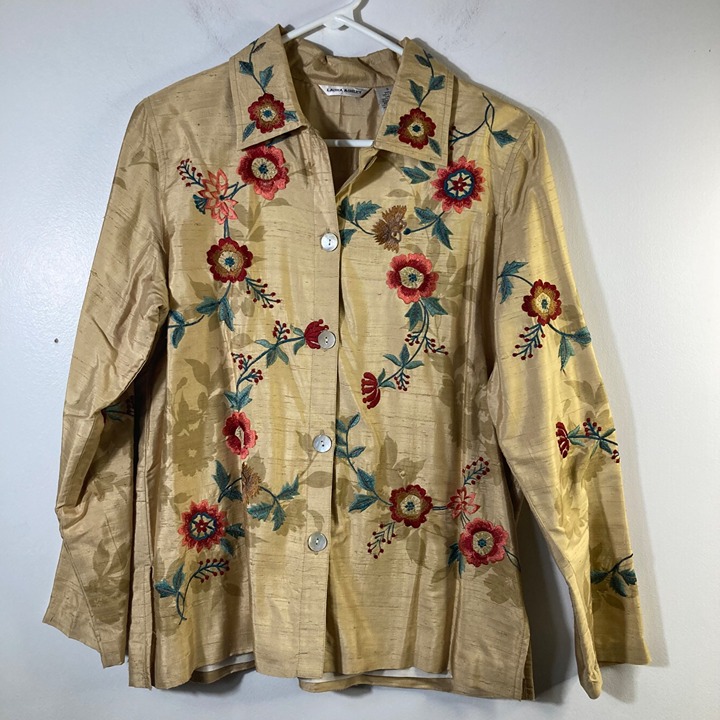 Womens Laura Ashley Slub Silk Lined Embroidered Button Shirt Floral S Gold Tan