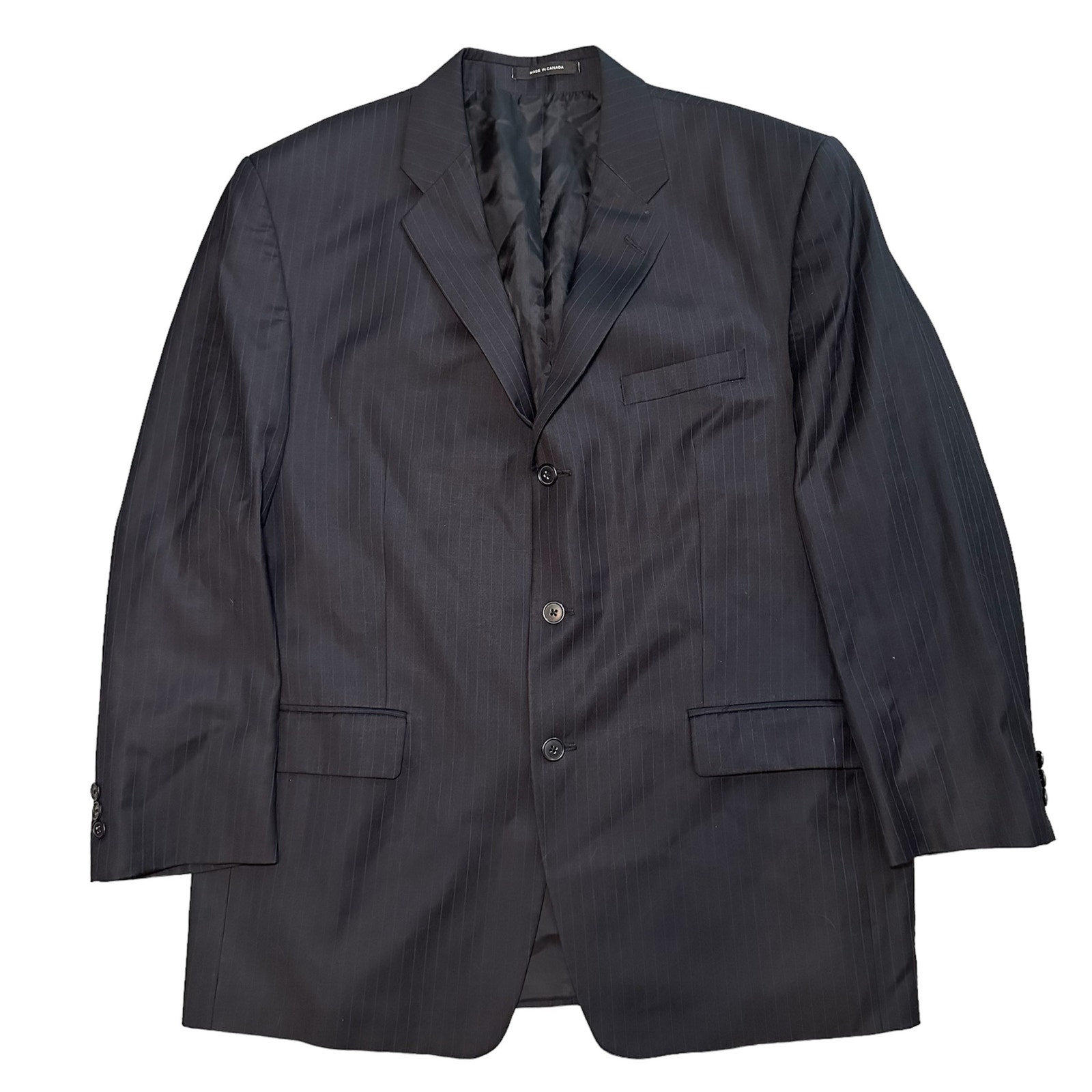 Vtg Calvin Klein Blazer Men 44R Black Blue Pinstripe Wool Suit Jacket 3Btn Notch