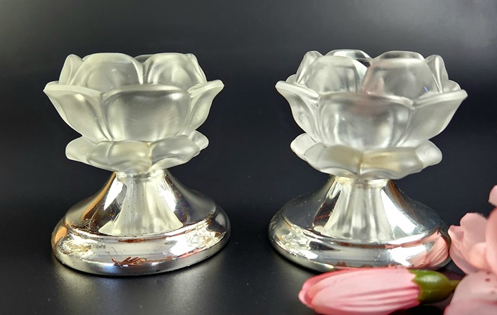 Vintage Brass & Frosted Glass Candle Holders - Lotus Shaped - Set of 2