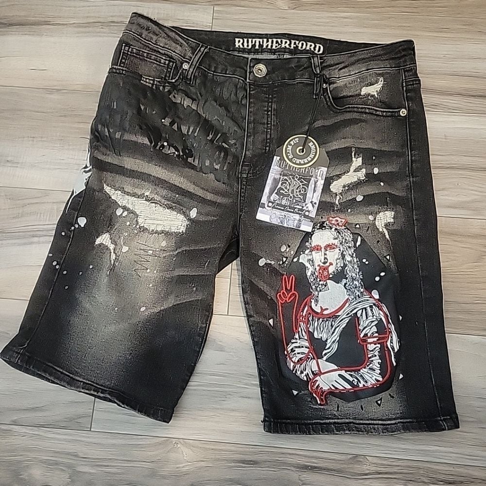 Rutherford Shorts Mens 34 Black Distressed Jean Denim Stitched Graphic Urban NEW