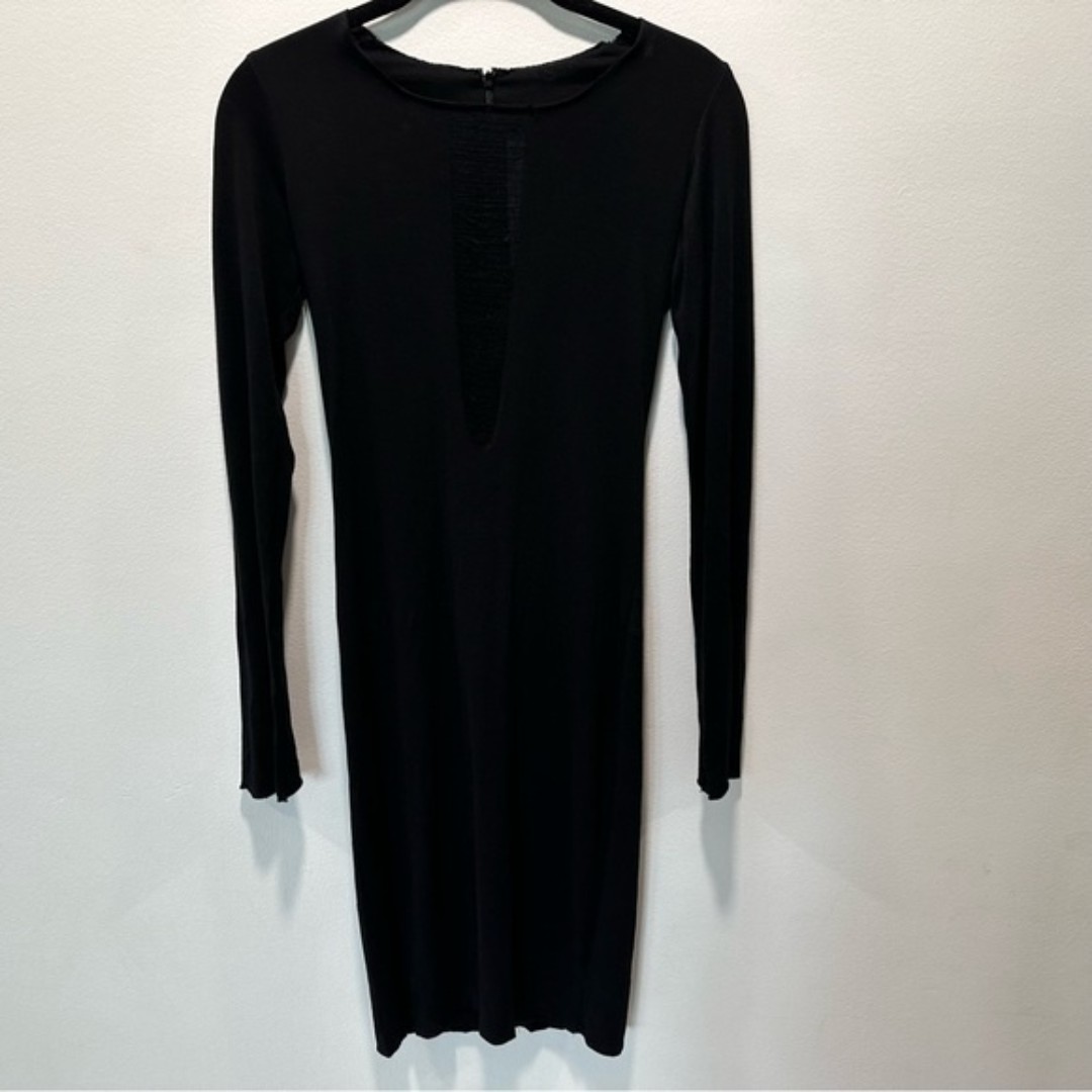 Raquel Allegra Shredded Chest Bodycon Handmade Raw Hem Long Sleeve Midi Dress