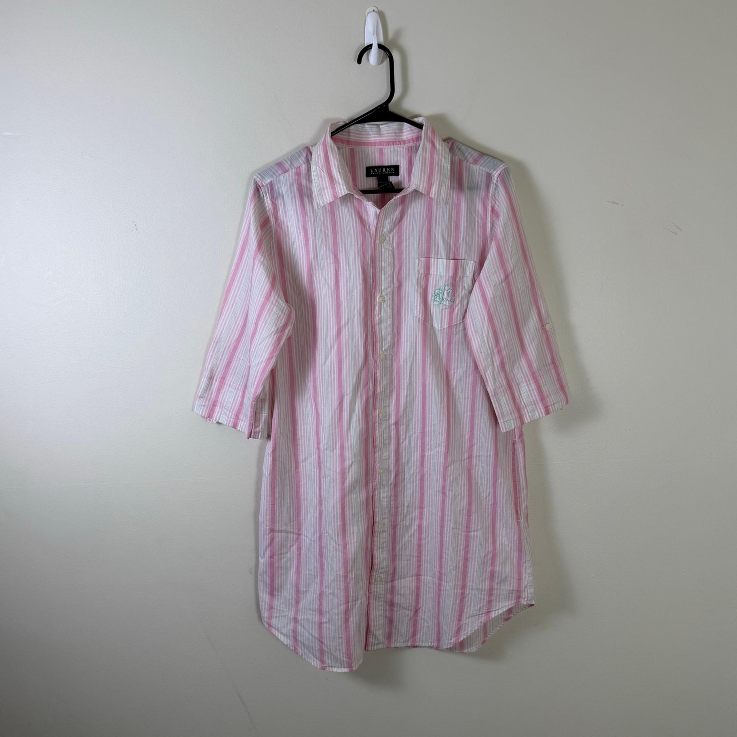 Ralph Lauren Nightgown Adult Womens Medium Pink Striped Button Up Night Shirt