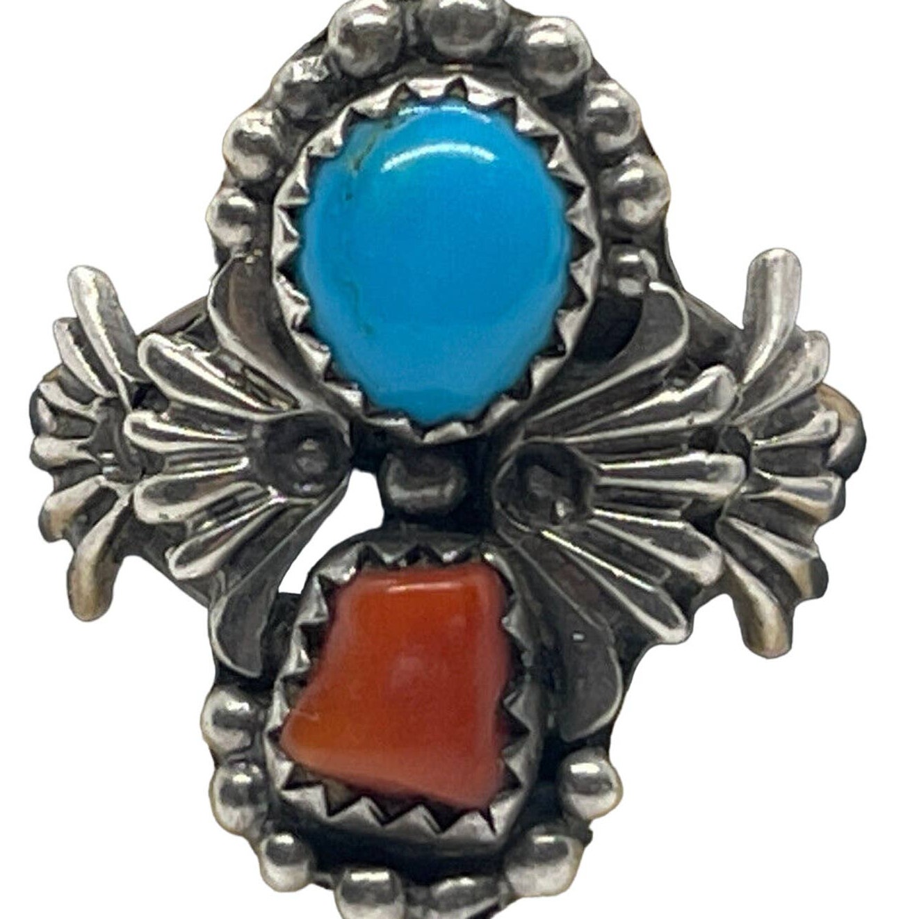Vintage Sterling Silver Ring 925 Size 7.5 Coral Turquoise Native American