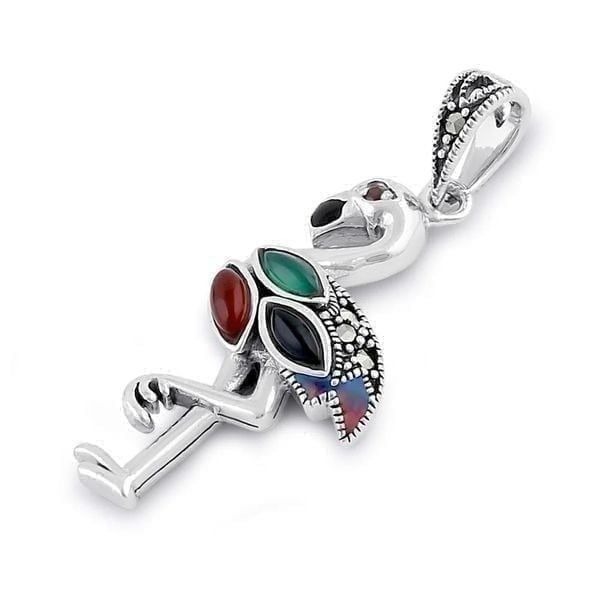 Sterling Silver Black Onyx Mixon and Dark Garnet Flamingo Marcasite Pendant New