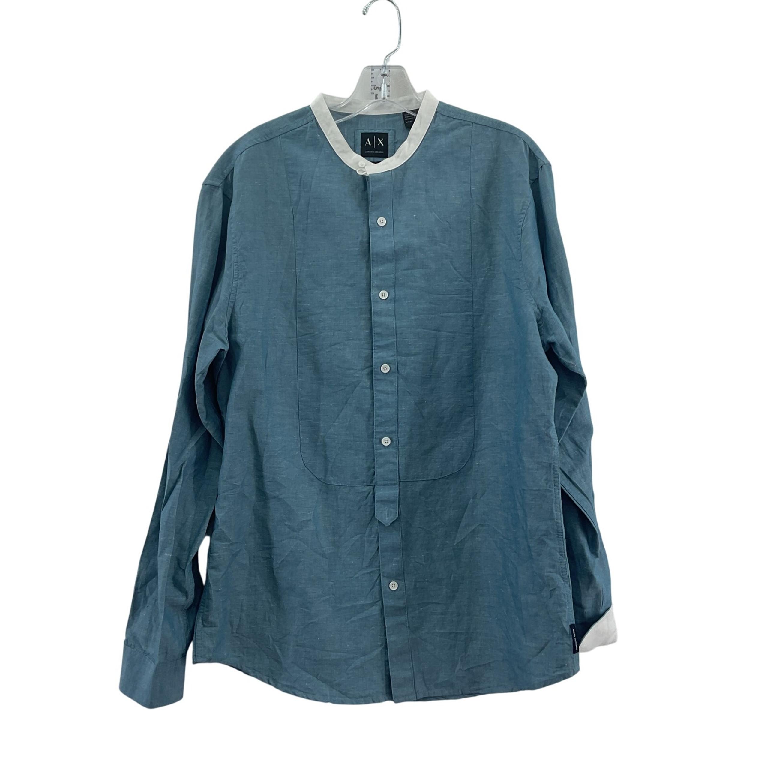 Armani Exchange Blue w/ White Trim Men's Linen Shirt, Large, Long Sleeve
