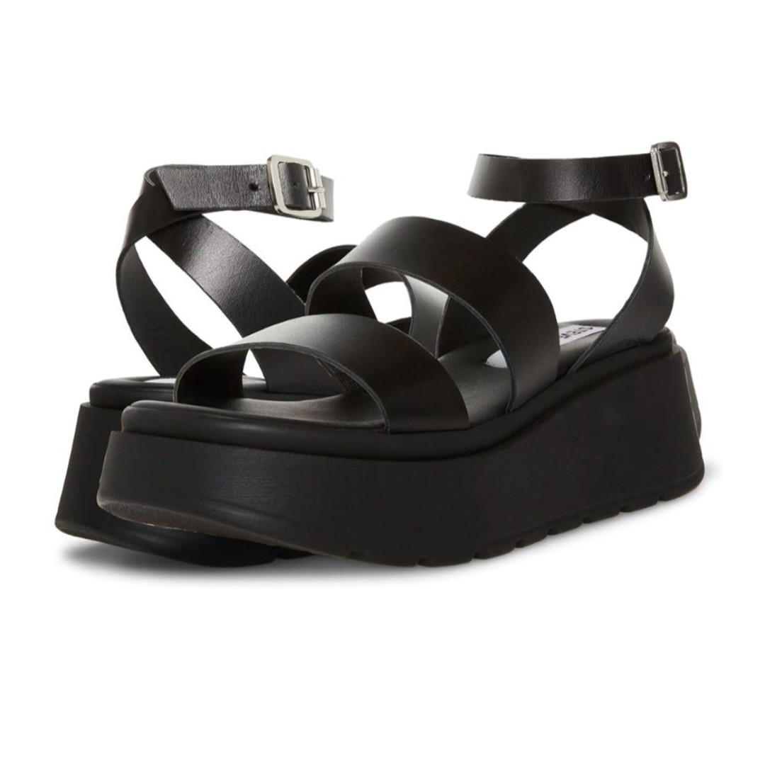 NIB STEVE MADDEN | Tenysi Wedge Sandal Black Vegan Leather 8
