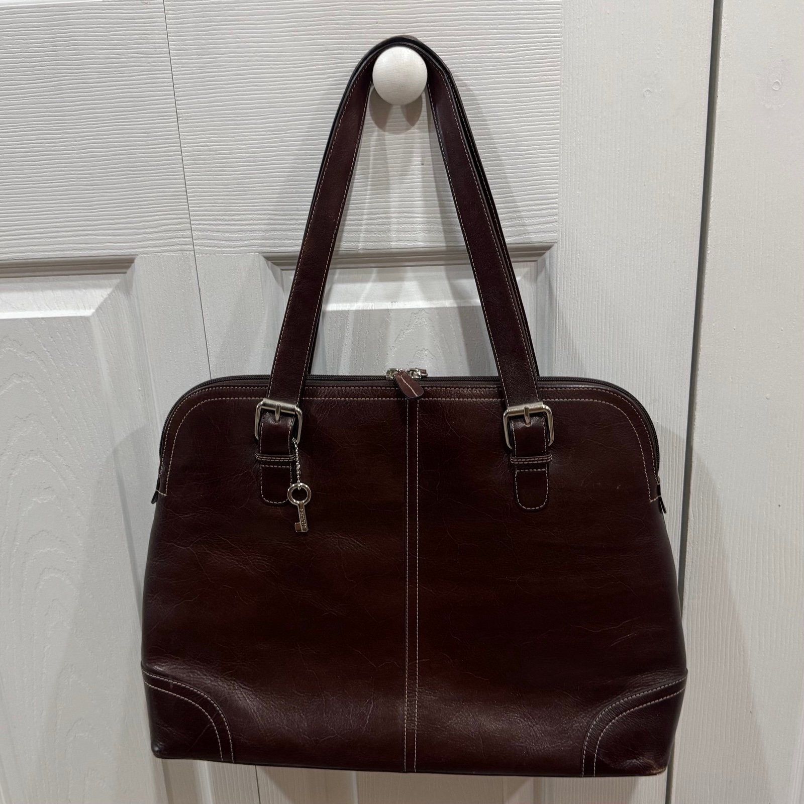 Vtg Fossil 1954 Brown Leather Zip Padded 75082 Large Shoulder Hand Bag Tote VGC!