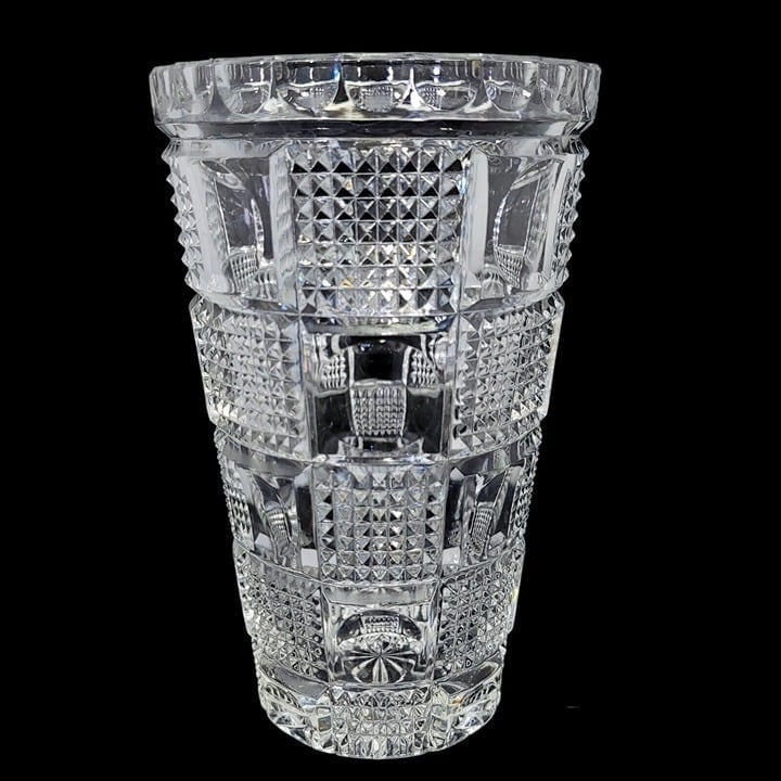 Vintage Lead Crystal Glass Circle Square Patterned Vase Thumbprint 8 Tapered