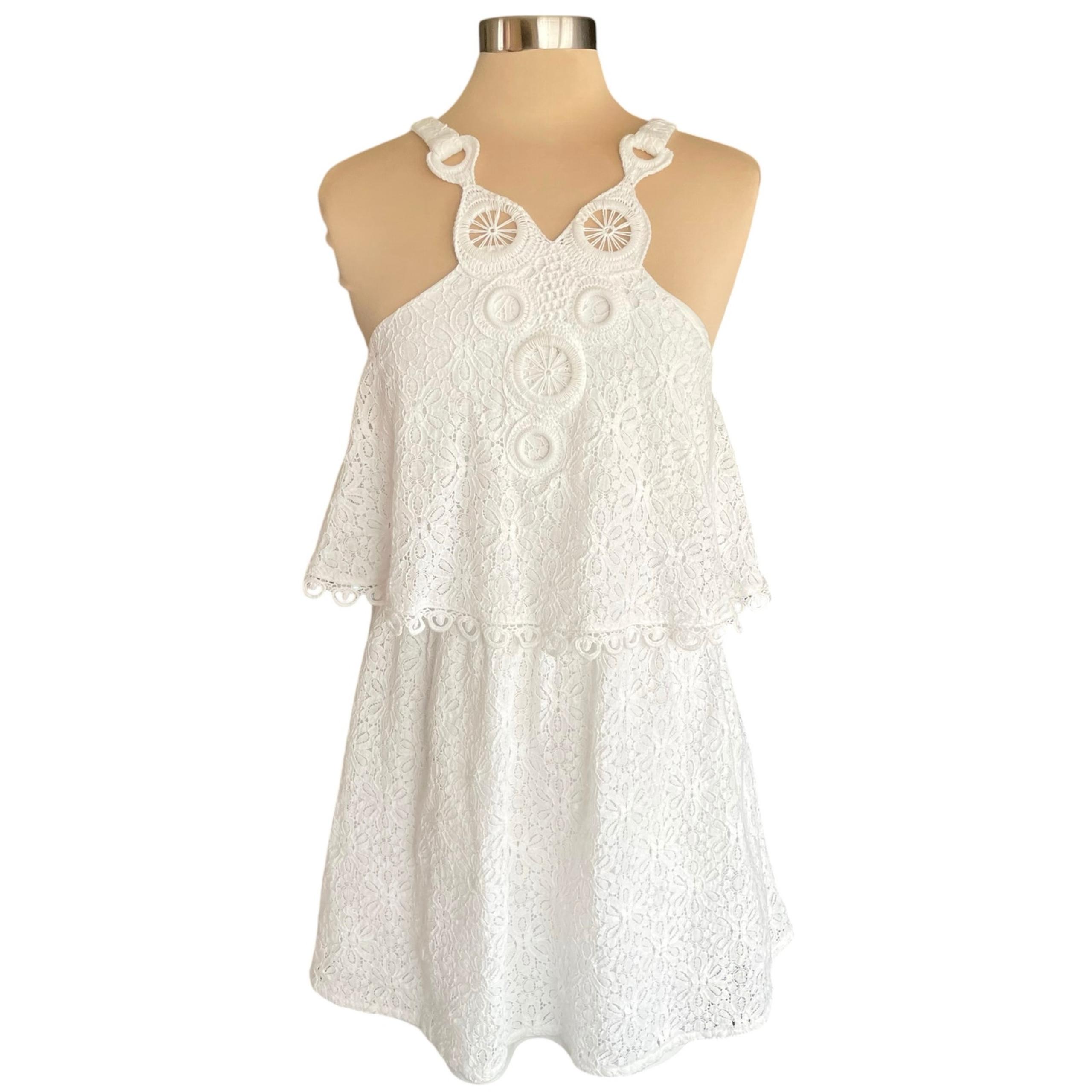 Esley White Crochet Lace Tiered Short Summer Dress Sz LARGE Boho Cottage Beachy