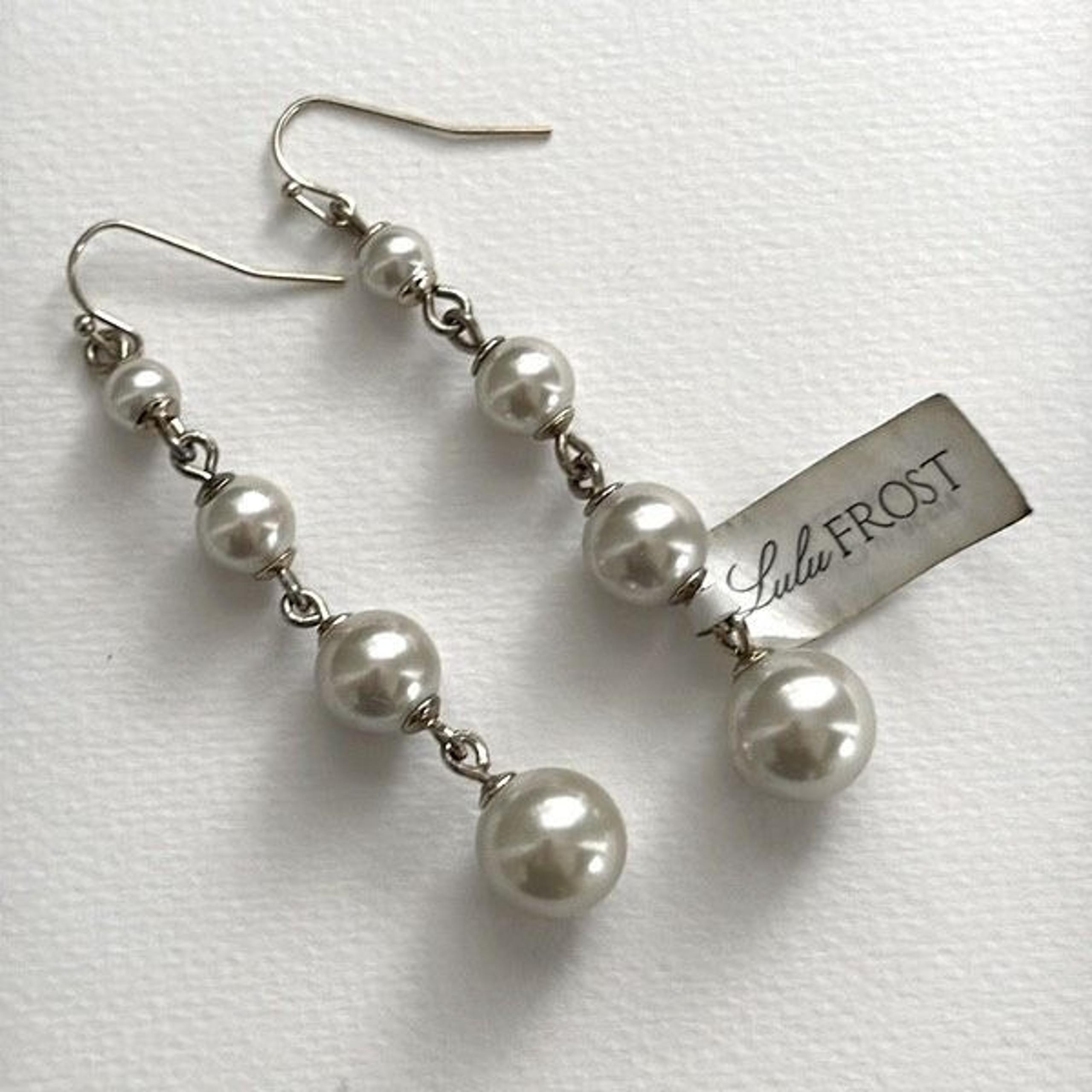 Graduated Glass Pearl Drop Earrings , Gold Tone, 2.75” Long - Lulu Frost