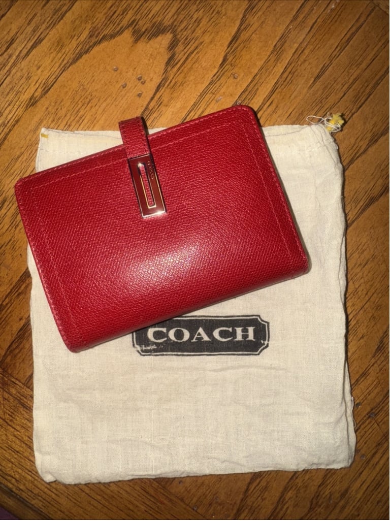 Coach Red Leather Metal Flap Compact Bi-Fold Wallet