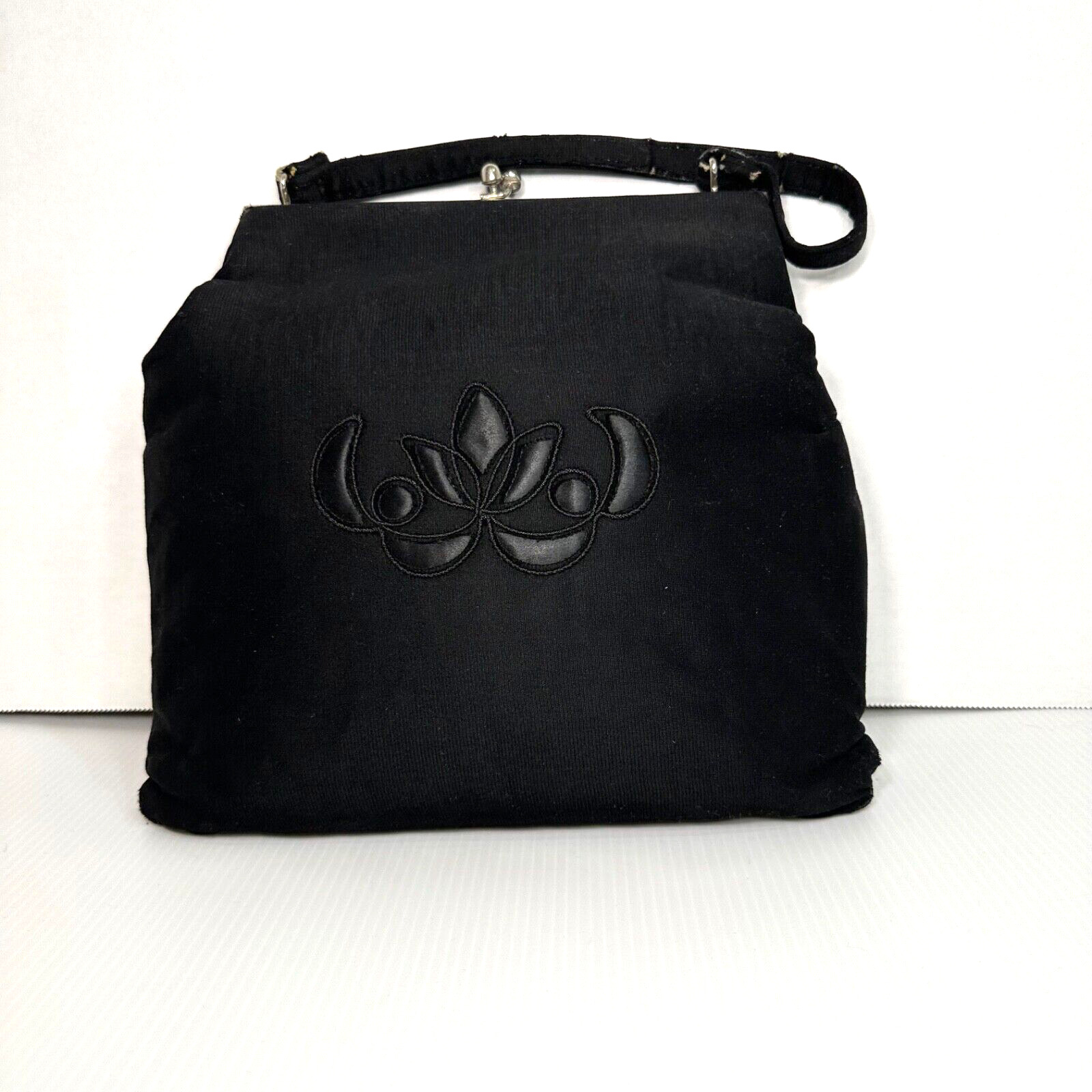 Vintage Black Hinged Clutch Purse with Button Snap Closure Embroidered Lotus