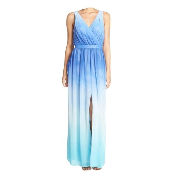 NWT Jay Godfrey Sinclair Blue Teal Ombre Chiffon Slit Front Maxi Dress Gown 2