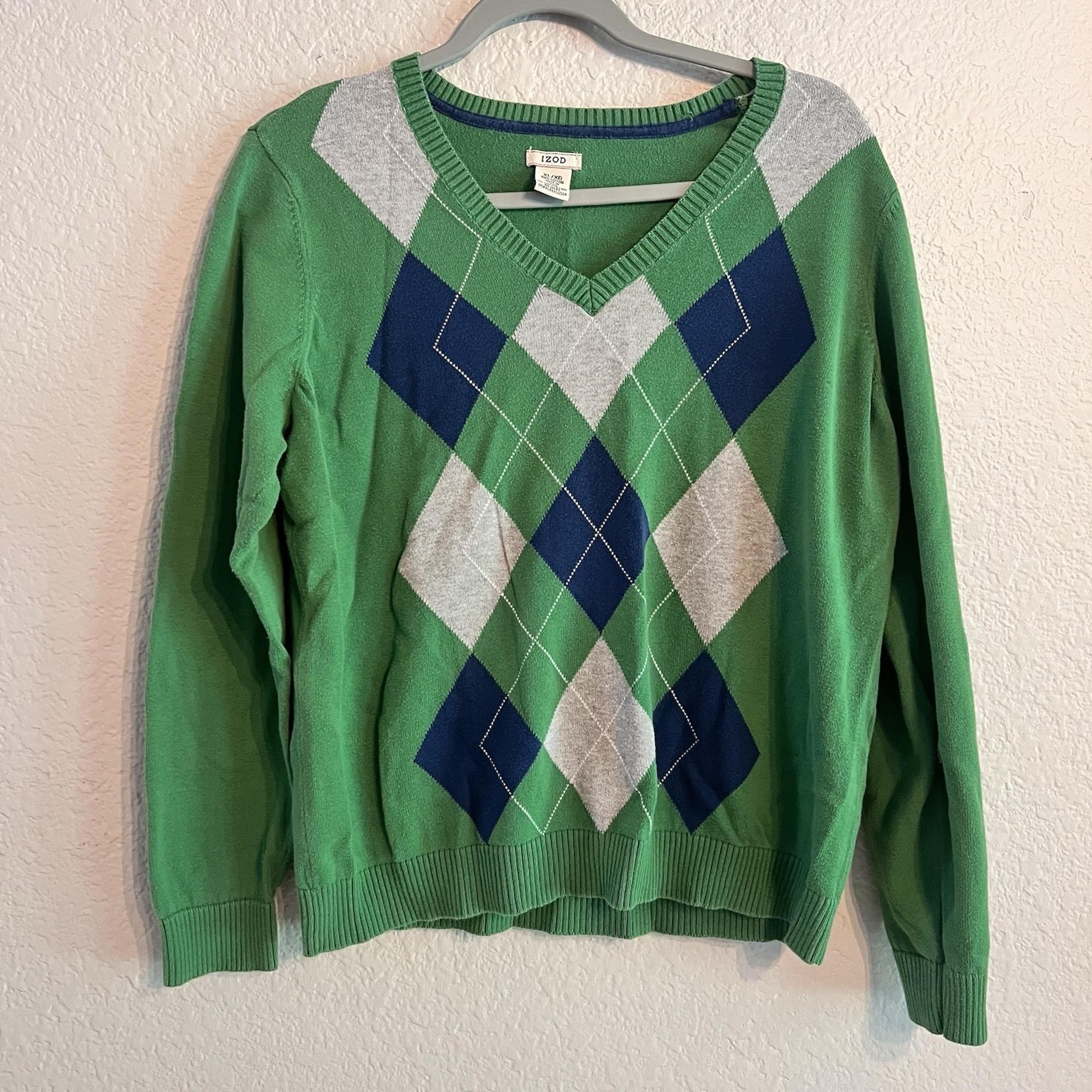Izod Women's Pullover Sweater Green Blue Argyle V-Neck Long Sleeve Size Large