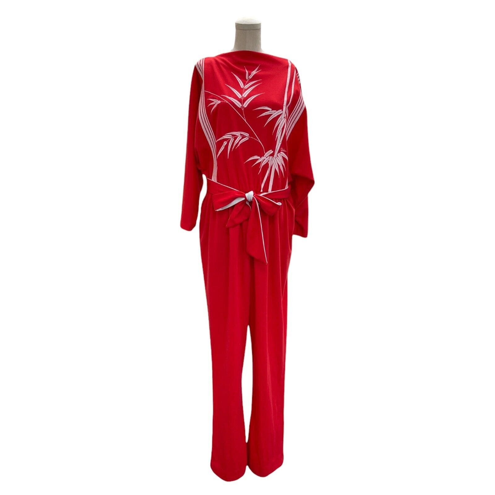 Deadstock Vintage 70s Alfred Shaheen Red Jumpsuit Tie Waist Belt White Bamboo 18