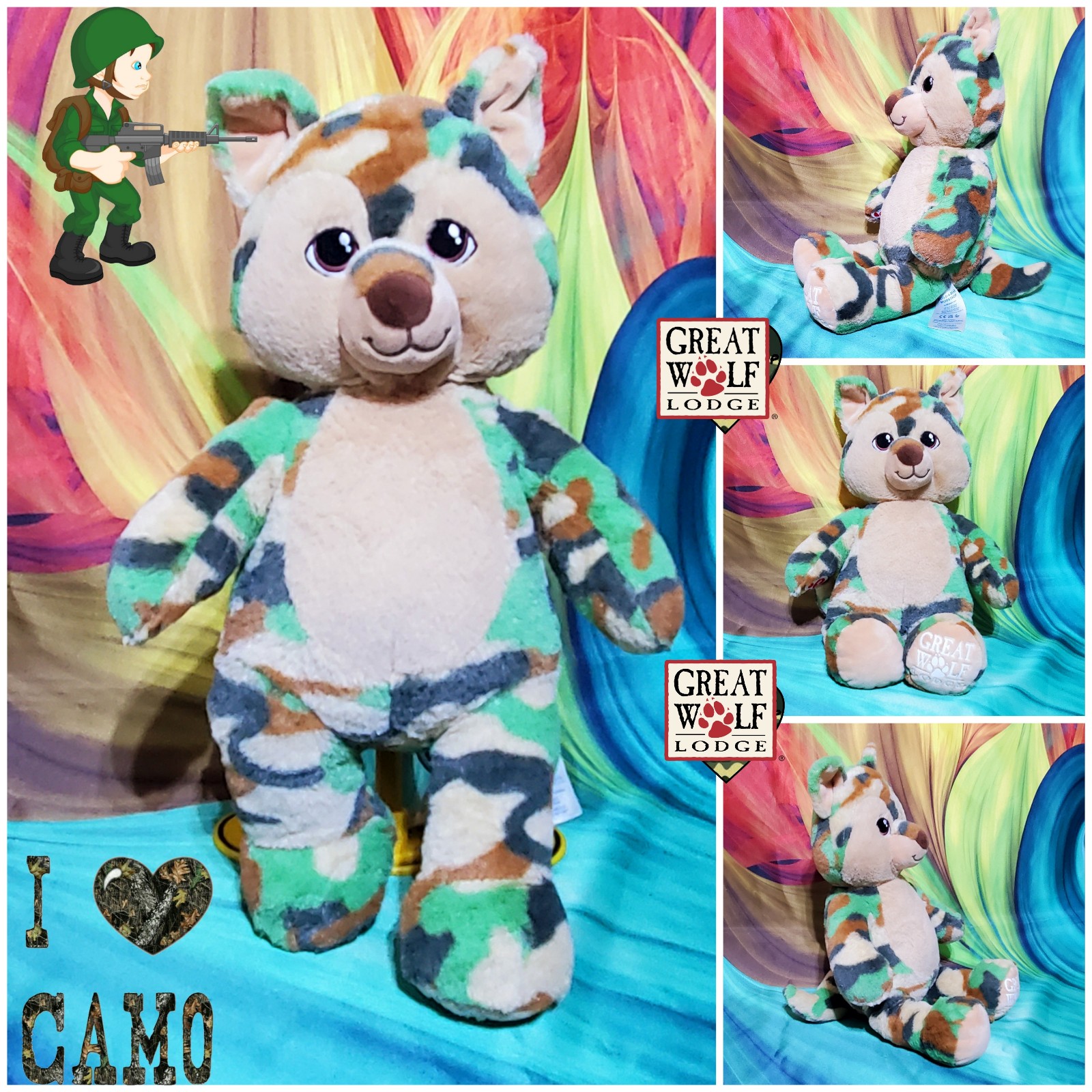 RARE Build A Bear Great Wolf Lodge Camo CAMOUFLAGE 18 Stuffed Plush Teddy